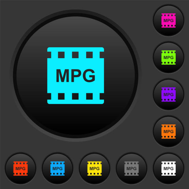 MPG movie format dark push buttons with color icons MPG movie format dark push buttons with vivid color icons on dark grey background film moving image stock illustrations