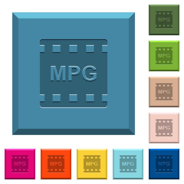 MPG movie format engraved icons on edged square buttons MPG movie format engraved icons on edged square buttons in various trendy colors film moving image stock illustrations