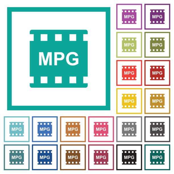 ikon warna datar format film mpg dengan bingkai kuadran - film gambar bergerak ilustrasi stok