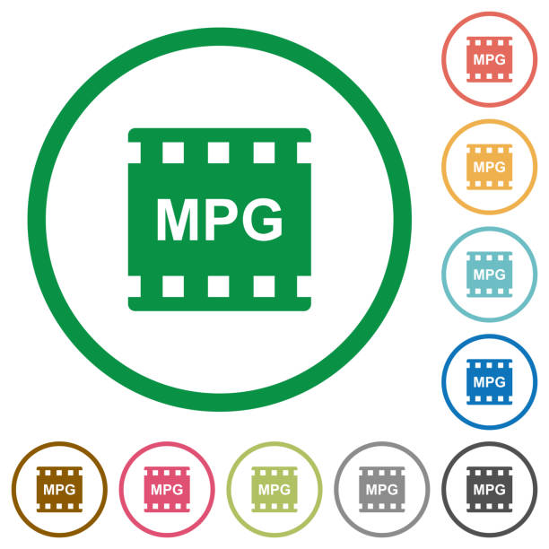 MPG movie format flat icons with outlines MPG movie format flat color icons in round outlines on white background film moving image stock illustrations