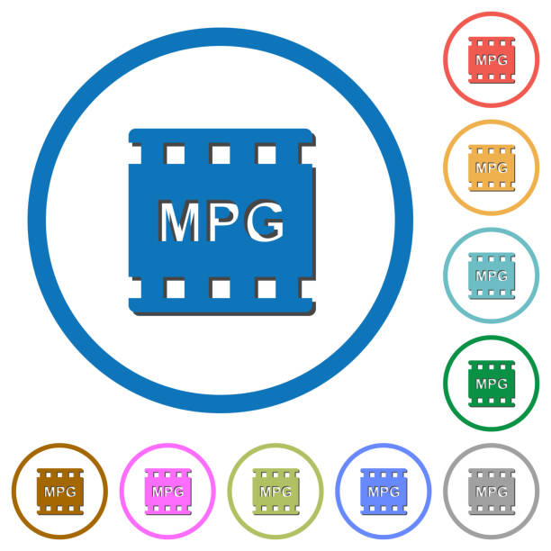 MPG movie format icons with shadows and outlines MPG movie format flat color vector icons with shadows in round outlines on white background film moving image stock illustrations