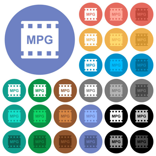 MPG movie format round flat multi colored icons MPG movie format multi colored flat icons on round backgrounds. Included white, light and dark icon variations for hover and active status effects, and bonus shades on black backgounds. film moving image stock illustrations