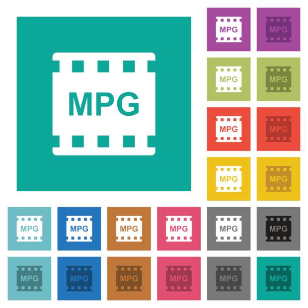 MPG movie format square flat multi colored icons MPG movie format multi colored flat icons on plain square backgrounds. Included white and darker icon variations for hover or active effects. film moving image stock illustrations