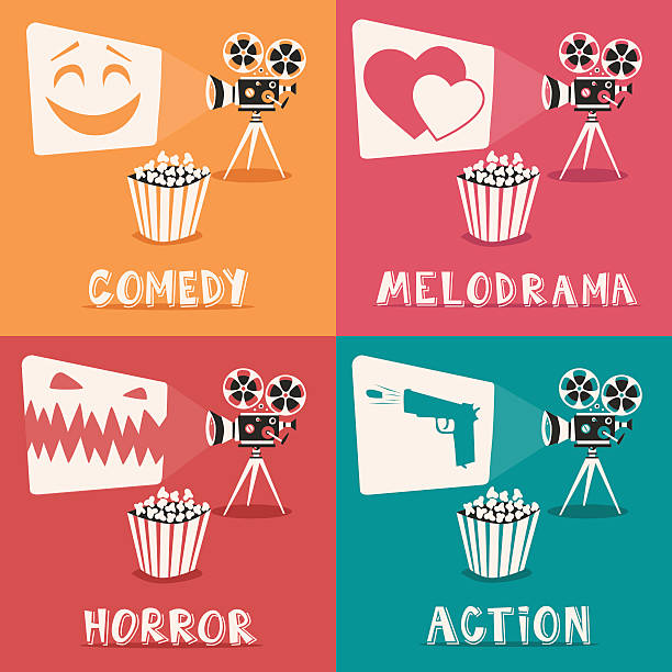 Movie genres poster. Cartoon vector illustration. Film projector and popcorn vector art illustration