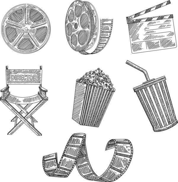 Movie Icons Drawing Line drawing of Movie design elements. Elements are grouped.contains eps10 and high resolution jpeg. film industry illustrations stock illustrations