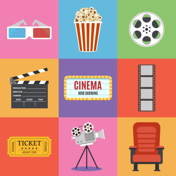 Movie Icons. Flat style Movie Icons. Flat style. Popcorn, 3D glasses, red seat, filmstrip, cinema clapper, ticket. Film industry. Cinematography concept. Vector illustration. arts culture and entertainment illustrations stock illustrations