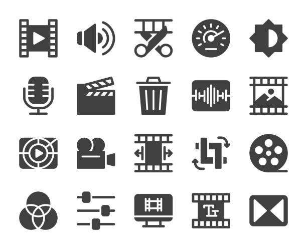 ilustraciones, imágenes clip art, dibujos animados e iconos de stock de creación de películas y edición de vídeo-iconos - video editing
