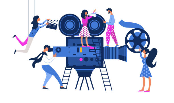 Movie Making Process with Operator Using Camera Movie Making Process Metaphor with Operator Using Huge Video Camera and Staff with Professional Equipment for Recording Film. Women with Clapperboard and Reel Film Cartoon Flat Vector Illustration movie illustrations stock illustrations
