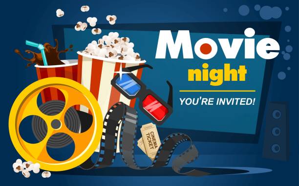 Movie night concept with popcorn, cinema tickets, drink, tape in cartoon style. Movie or cinema banner design. Vector movie promotional illustration Movie night concept with popcorn, cinema tickets, drink, tape in cartoon style. Movie or cinema banner design. Vector movie promotional illustration movie camera illustrations stock illustrations