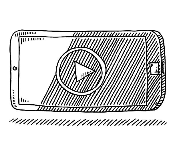 Movie Play Button On A Smartphone Drawing Hand-drawn vector drawing of a Movie Play Button On A Smartphone. Black-and-White sketch on a transparent background (.eps-file). Included files are EPS (v10) and Hi-Res JPG. movie drawings stock illustrations