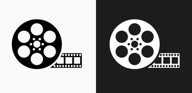 Movie Reel Icon on Black and White Vector Backgrounds Movie Reel Icon on Black and White Vector Backgrounds. This vector illustration includes two variations of the icon one in black on a light background on the left and another version in white on a dark background positioned on the right. The vector icon is simple yet elegant and can be used in a variety of ways including website or mobile application icon. This royalty free image is 100% vector based and all design elements can be scaled to any size. film reel stock illustrations
