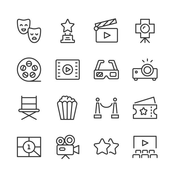 Movie & Theater Icons — Monoline Series Vector outline icon set appropriate for web and print applications. Designed in 48 x 48 pixel square with 2px editable stroke. Pixel perfect. arts culture and entertainment stock illustrations