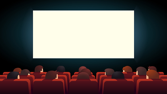 Movie theater interior. Cinema audience crowd watching film sitting in rows of red comfortable chairs looking at big lit screen. Flat cartoon vector character illustration