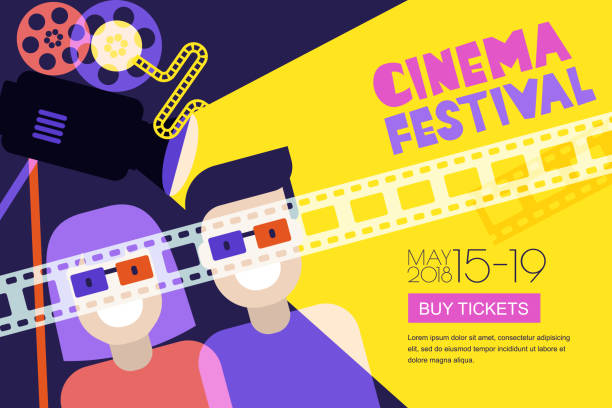 Movie time, date at the cinema concept. Vector cinema festival poster, flyer background. Sale tickets banner background Movie time, date at the cinema concept. Vector cinema festival poster, flyer background. Abstract sale tickets banner background. Happy couple in 3d glasses, trendy flat illustration. date night stock illustrations