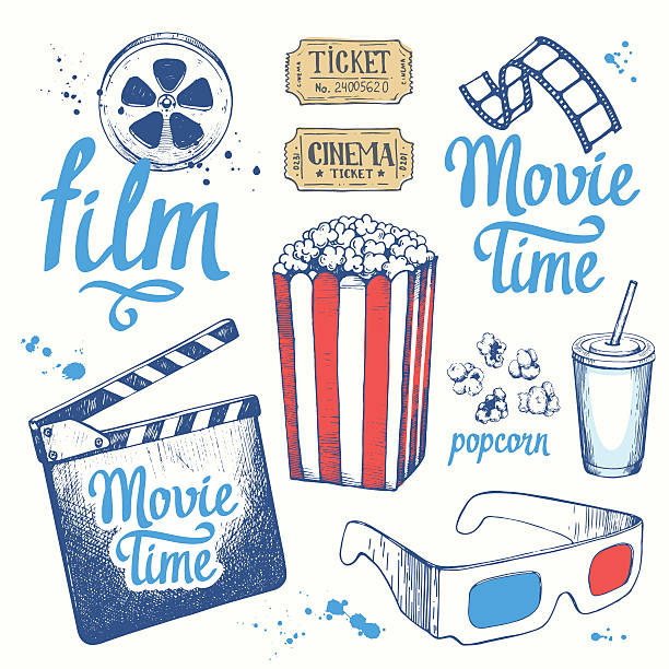 Movie time vector illustration with sketch popcorn bucket, clapperboard, glass Movie time vector illustration with sketch popcorn bucket, clapperboard, glass of drink, tickets, 3D glasses. Cinema snack. Hand drawn fast food. movie drawings stock illustrations