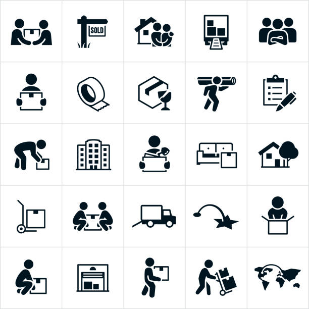 Moving and Relocation Icons A set of icons related to residential and business moves or relocation. The icons include movers, people moving, carrying boxes, new home, moving truck, packing materials, checklist, business, moving office, furniture, dolly, storage unit and other related icons. picking up stock illustrations