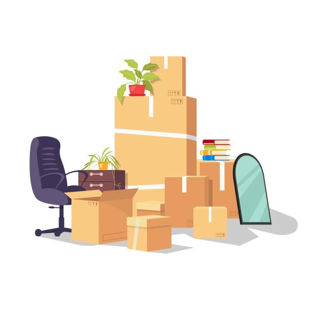 Moving by reason changing work, job, promotion, career development, dismissal Moving by reason changing work, job, promotion, career development, dismissal. Relocation from one office to another. Working supplies and equipment in delivery packaging. Vector cartoon on white. safe move stock illustrations