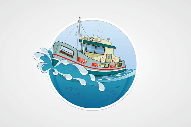 ilustrações de stock, clip art, desenhos animados e ícones de barco de pesca em movimento. mar profundo com onda. vector ícone de computador - chalana
