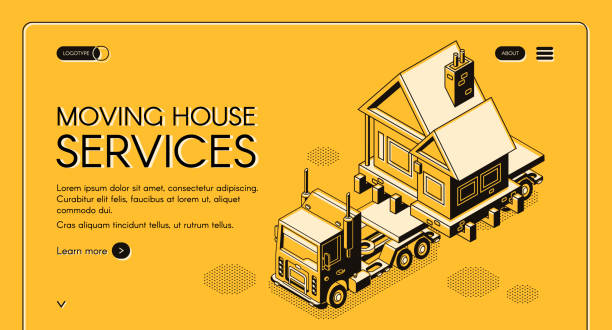 stockillustraties, clipart, cartoons en iconen met moving house services isometrische vector webpagina - verhuislift