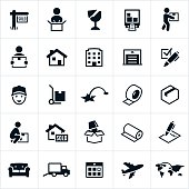 Icons related to the moving industry for both residential and commercial moves. The icons include common moving equipment, homes, businesses, movers and moving methods.