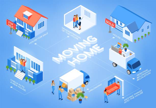 stockillustraties, clipart, cartoons en iconen met verhuizen in nieuw huis met verhuizing service vector - huis kopen