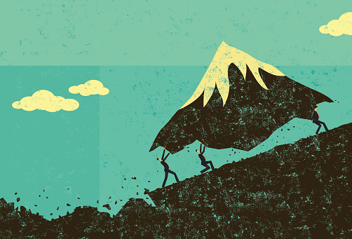 Businessmen moving a mountain uphill. The men & mountain and background are on separate labeled layers.