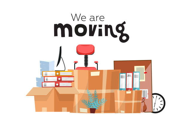 ilustrações de stock, clip art, desenhos animados e ícones de moving to new office with boxes. office accessories in cardboard box isolated on white background - monitor, folders, stack of papers, plant, office chair, clock, board stationery. flat cartoon vector - olá e negócios e feliz
