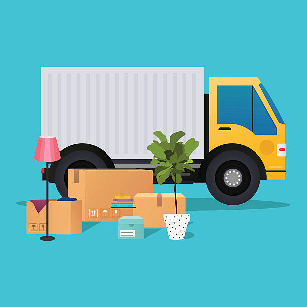 Moving truck and cardboard boxes. Moving House. Transport compan Moving truck and cardboard boxes. Moving House. Transport company. truck clipart stock illustrations