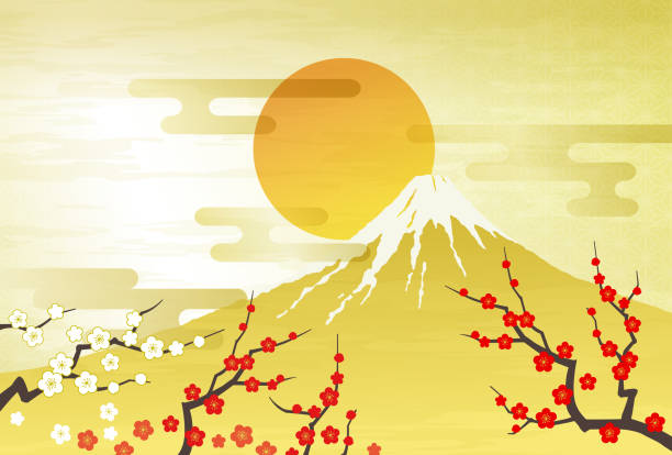 Mt. Fuji, Red and white plum first sunrise Mt. Fuji, Red and white plum first sunrise, gold new year's day stock illustrations