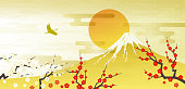 Mt. Fuji, Red and white plum first sunrise, crane, bird, gold