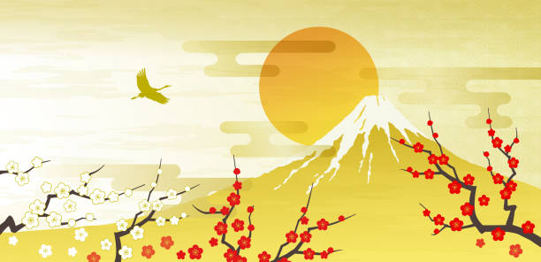 Mt. Fuji, Red and white plum first sunrise Mt. Fuji, Red and white plum first sunrise, crane, bird, gold new year's day stock illustrations