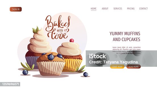 istock Muffin and cupcakes. Baked with love Handwritten lettering. 1359696071