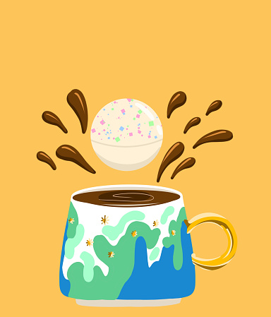 mug with cocoa and chocolate splashes. hot chocolate bomb. yellow background