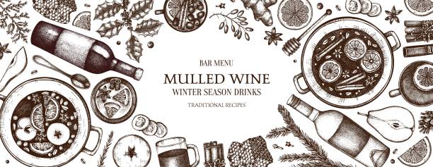 Mulled wine design with hand drawn ingredients. Mulled wine design with hand drawn ingredients. Horizontal Christmas bar menu. Traditional winter season hot drinks. Christmas food and drinks vector background cocktail borders stock illustrations