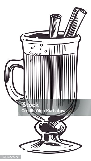 istock Mulled wine glass. Hot drink engraving. Traditional spicy beverage 1405226591