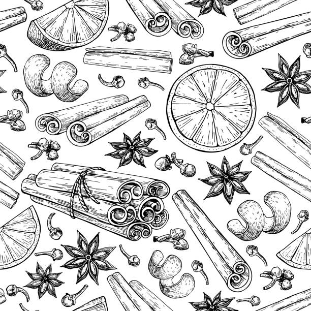 Mulled wine ingradients seamless pattern. Cinnamon stick tied bunch, anise star, orange, cloves. Mulled wine ingradients seamless pattern. Cinnamon stick tied bunch, anise star, orange, cloves. Vector drawing. Hand drawn sketch. Seasonal food background. Engraved style spice and flavor object. Xmas drink. cinnamon stock illustrations
