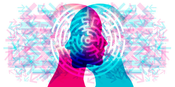 A female and male side silhouette positioned face to face overlaid with various semi-transparent directional arrows. Placed across the composition centre is a white semi-transparent maze diagram.