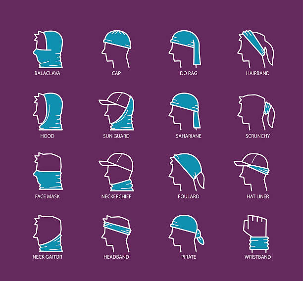 ilustraciones, imágenes clip art, dibujos animados e iconos de stock de bufanda de sombreros multifuncional - accesorio de cabeza
