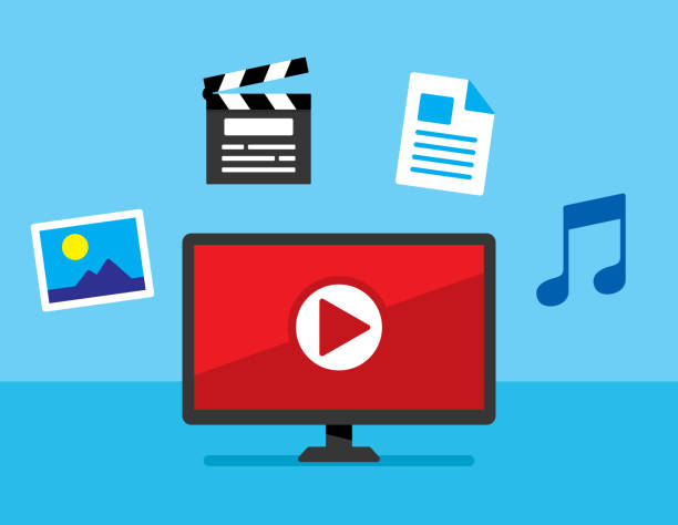 Multi Media Computer 1 Vector illustration of a computer with play button against a blue background with picture, movie, document, and music icons in flat style. movie photos stock illustrations