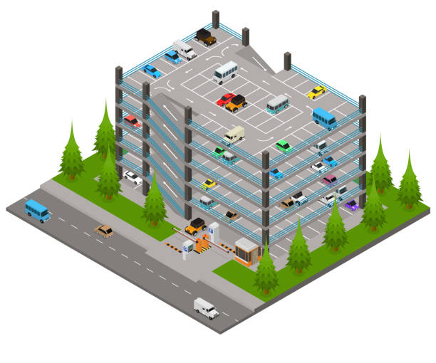 stockillustraties, clipart, cartoons en iconen met multi-verdiepingen tellende parkeerplaats concept 3d isometrische weergave. vector - parking