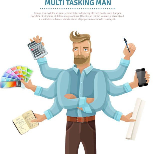 multi tasking man Multitasking flat informative poster with text and eight-armed young man reading mailing writing simultaneously vector illustration multiple arms stock illustrations