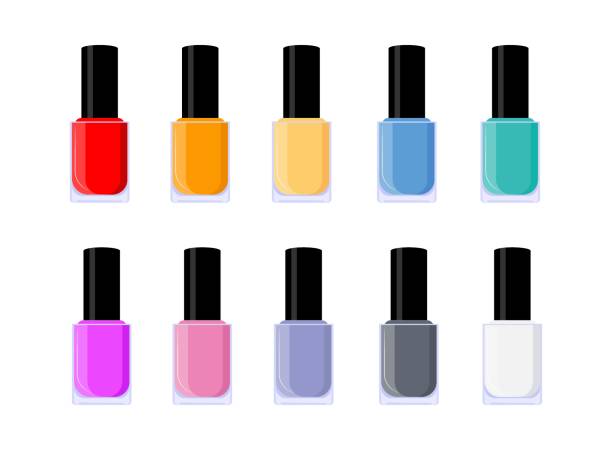 Multicolor cartoon nail polish collection. Hand hygiene solution. Beauty manicure themed vector illustration for icon, stamp, label, sticker, badge, gift card, certificate or flayer decoration Multicolor cartoon nail polish collection. Hand hygiene solution. Beauty manicure themed vector illustration for icon, stamp, label, sticker, badge, gift card, certificate or flayer decoration nail polish bottle stock illustrations