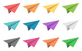 Isometric multicolor paper planes set isolated on white. Different colors, red, orange, yellow, green, blue, purple, black, pink. Flat design. EPS 8 vector illustration, no transparency, no gradients