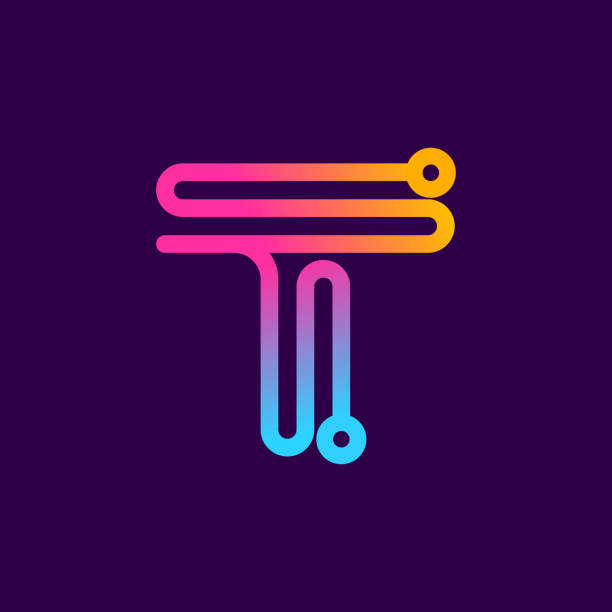 Multicolor T letter logo made of electric wire. This rounded striped icon can be used for tech ads, solder posters, energy company identity, etc. letter t stock illustrations