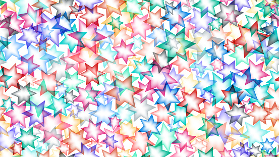 Multicolored abstract seamless pattern of overlapping transparent stars. Vector illustration.