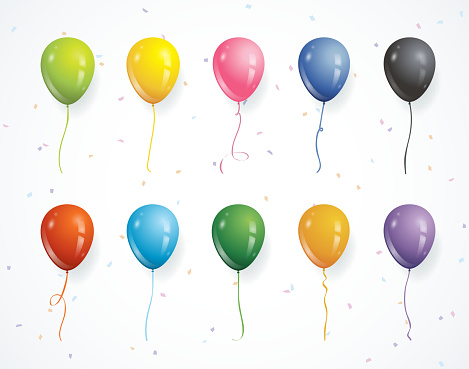 Multicolored party balloons with confetti