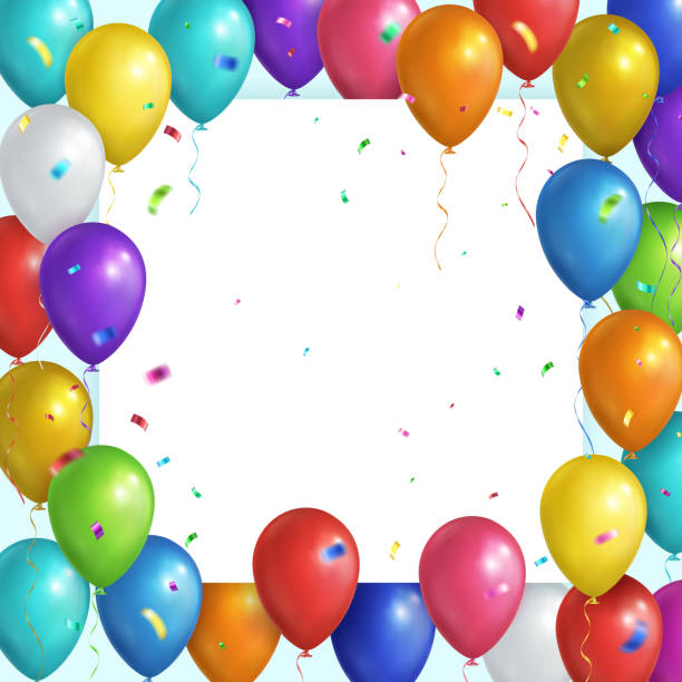 Multicolored realistic balloons and falling confetti Square festive background. Multicolored realistic balloons and falling confetti. Vector EPS 10 balloon borders stock illustrations