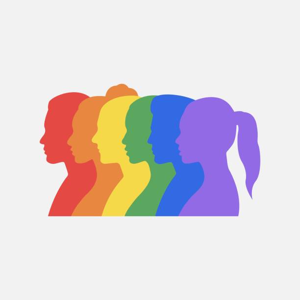 multicolored silhouettes of profiles of faces of men and women forming the lgbt flag. colors of rainbow. lgbtq people. lgbtq + sign. vector illustration. - 同性戀驕傲遊行 幅插畫檔、美工圖案、卡通及圖標