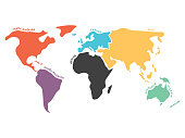 Multicolored world map divided to six continents in different colors - North America, South America, Africa, Europe, Asia and Australia Oceania. Simplified silhouette vector map with continent name labels curved by borders.
