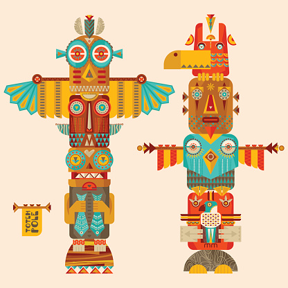 Multi-colored totem poles.